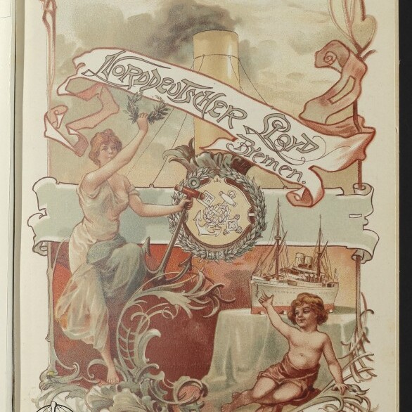 Jugendstil-Illustration mit allegorischer Frauenfigur, Kranz und Anker, Dampfschiff und Schriftzug Norddeutscher Lloyd Bremen