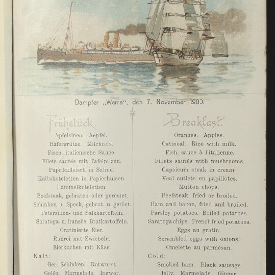 Historisches Norddeutscher Lloyd-Bordmenü (7. Nov. 1900) mit Aquarell zweier Schiffe und zweisprachigem Frühstücksmenü.