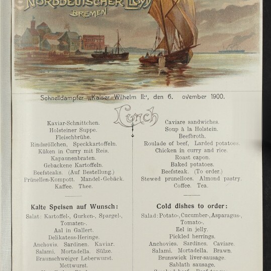Schiffs-Menü vom 6. Oktober 1900 der Reederei Norddeutscher Lloyd mit Segelschiff-Illustration und deutsch-englischer Speisekarte.