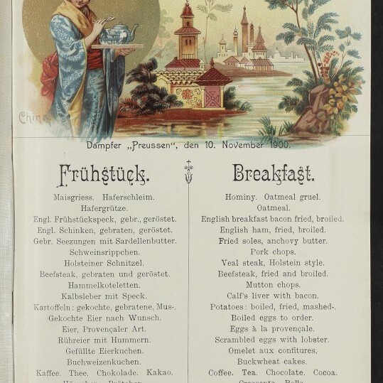 Altes Menüblatt (10. Nov. 1900) der Reederei Norddeutscher Lloyd mit asiatisch gekleideter Frau, Pagodenlandschaft und Frühstückstexten in Deutsch und Englisch.
