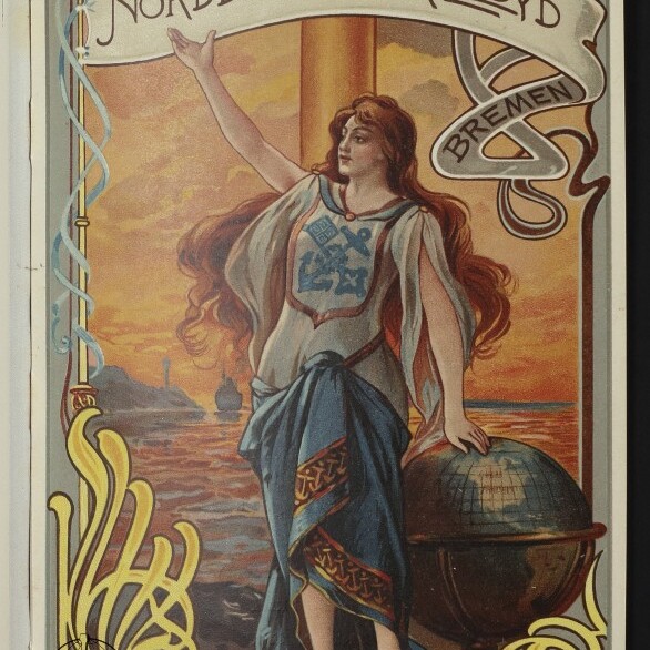 Jugendstil-Plakat: eine langhaarige Frau im Gewand steht am Meer, legt die Hand auf einen Globus, darüber ein Banner mit 
