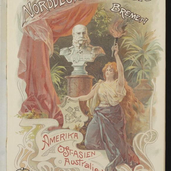 Allegorische Frau mit Fackel vor Büste; dekorative Schrift Norddeutscher Lloyd Bremen und Routen.