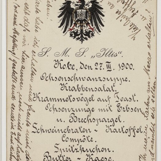 Speisekarte vom 27. III. 1900 mit deutschem Reichsadler, kalligrafischem Menütext und ergänzenden Randnotizen