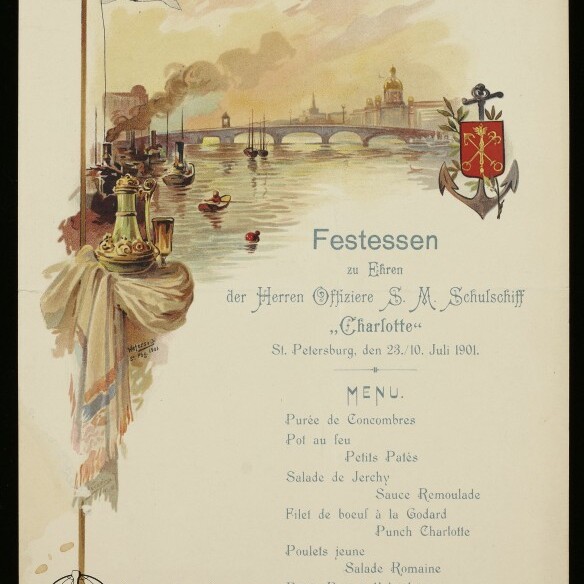 Historisches Festessen-Menü 1901 mit Aquarell-Uferansicht von St. Petersburg, Brücke, Schiffen, Wappen und gedecktem Tisch.