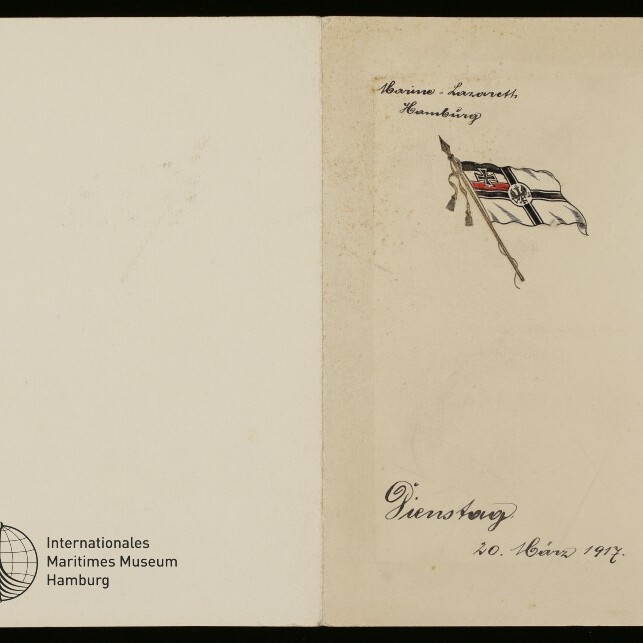 Geöffnete Karte mit handschriftlichen Notizen, kleiner gezeichneter kaiserlicher Marineflagge und Datum 20. März 1917.