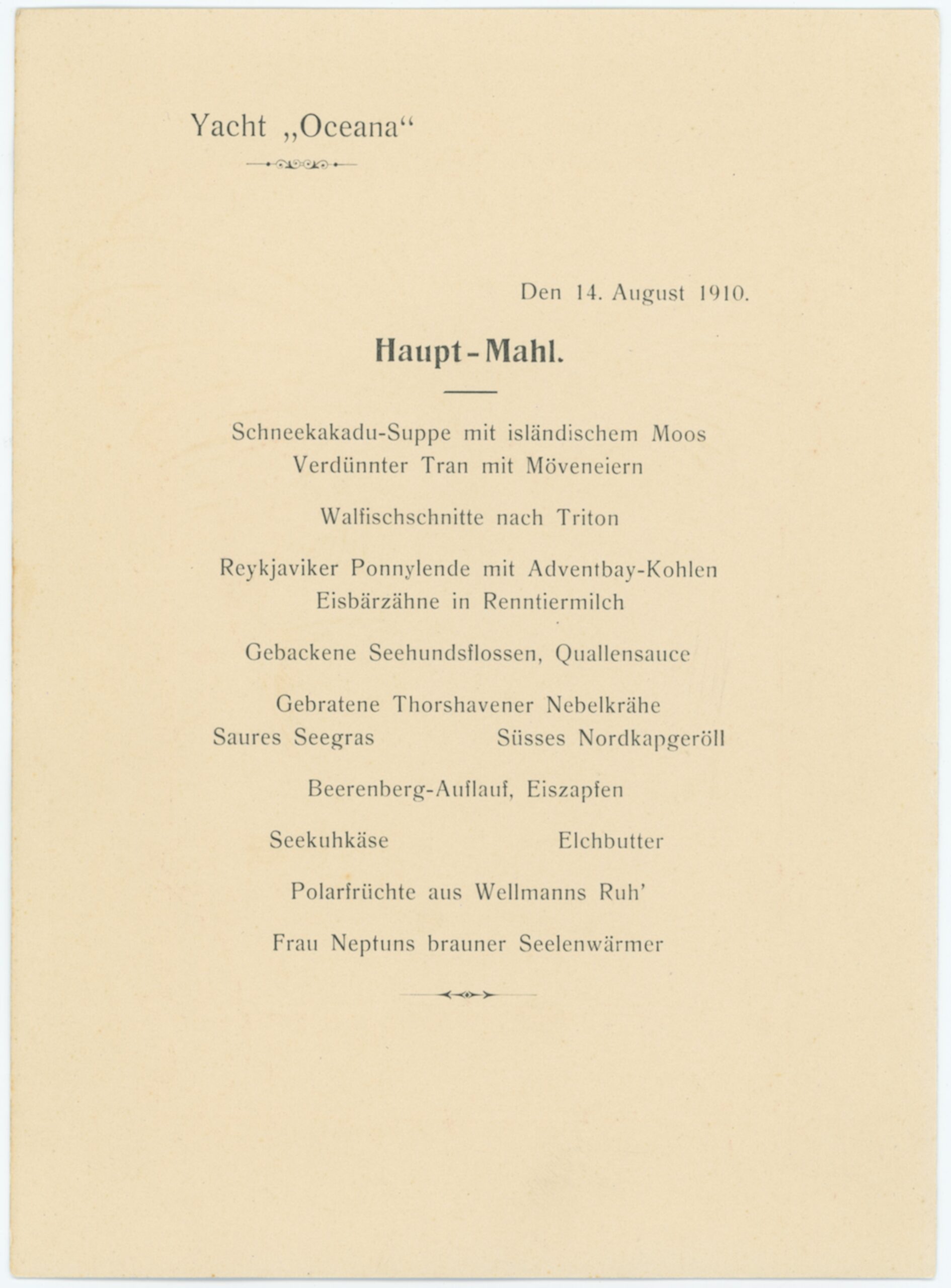 Gedruckte Menükarte der Yacht Oceana vom 14. August 1910 mit dem Titel Haupt-Mahl und einer Liste deutschsprachiger Gerichte.
