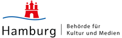Logo der Stadt Hamburg: rotes Stadttor &uuml;ber blauer Welle, links Hamburg und rechts Beh&ouml;rde f&uuml;r Kultur und Medien.